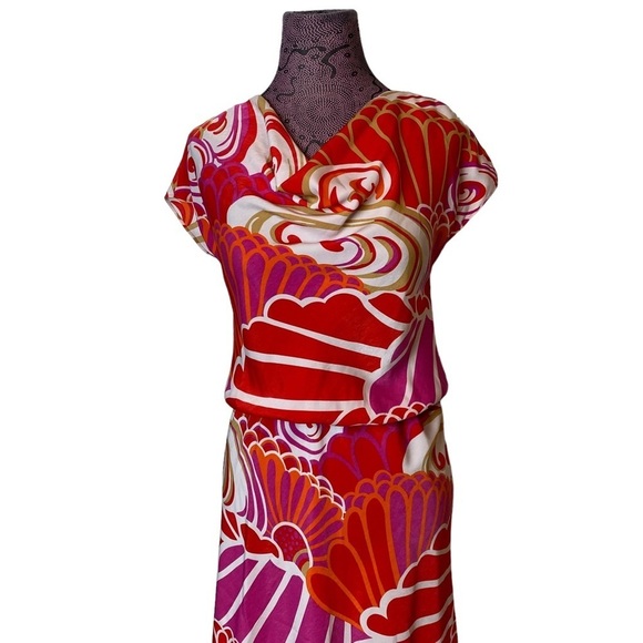 Natori Sz XS Stand Out Floral Cowl Neck Dress Orange Red - Picture 2 of 6